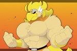 abs anthro beak blonde_hair bracelet chest_tuft hair headgear jewelry male muscular muscular_anthro muscular_male orange_background pecs simple_background smile solo tuft white_eyes wrestling yellow_body hikazedragon mario_bros nintendo paper_mario paper_mario:_the_thousand_year_door rawk_hawk accipitrid accipitriform avian bird hi_res