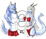 abs anthro belly blue_body blue_fur breasts clothed clothing duo eye_contact female fur ikorane looking_at_another looking_at_viewer male mascot mascot_contest pose red_clothing simple_background tail topless white_background white_belly yellow_eyes iko e621 mythology canid canine canis dragon mammal mythological_creature mythological_scalie scalie wolf