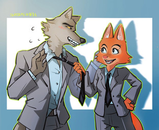 4_fingers accessory anthro belt black_necktie black_nose blush blush_lines bodily_fluids bottomwear boyfriend/girlfriend canon_couple claws clothing clothing_pull duo female finger_claws fingers fur grabbing_partner grey_blazer grey_body grey_bottomwear grey_clothing grey_fur grey_pants male male/female matching_outfits necktie necktie_grab necktie_pull pants playful shy smile smiling_at_another smiling_at_partner sweat tail white_dress_shirt yellow_eyes yellow_sclera tutugan_0v0 dreamworks the_bad_guys diane_foxington mr._wolf_(the_bad_guys) canid canine canis fox mammal red_fox true_fox wolf hi_res