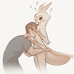 2_fingers 4_arms ambiguous_gender antennae_(anatomy) anthro arm_tuft arthropod_abdomen black_clothing black_eyes black_shirt black_topwear blush brown_hair chest_tuft clothing duo elbow_tuft face_on_chest fingers fluffy fluffy_chest fur grabbing gradient_body gradient_fur hair hug long_neck male multi_arm multi_limb neck_tuft open_mouth question_mark shirt standing t-shirt topwear tuft white_body white_fur wings tateoftot arthropod human insect lepidopteran mammal moth nychora hi_res