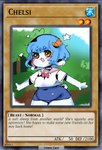 anthro biped blue_body blue_ears blue_fur blue_hair blue_tail bow_tie bread breasts clothing croissant eyebrows female fingers floppy_ears food fur hair horn one-piece_swimsuit open_mouth outside pastry short_tail solo swimwear tail text yellow_eyes yu-gi-oh_card scorci yu-gi-oh! chelsi bovid caprine mammal sheep 2022 digital_media_(artwork) english_text signature