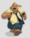 2016 3_toes 4_fingers anthro barefoot biped bottomwear brown_body brown_fur canid canine canis claws clothed clothing domestic_dog donkeypunch feet fingers floppy_ears front_view fur gun handgun hi_res looking_at_viewer male mammal necktie overweight overweight_anthro overweight_male pants plantigrade ranged_weapon revolver rolled_up_sleeves sam_and_max samuel_dog shirt simple_background solo toe_claws toes toony topwear vest walking weapon white_background