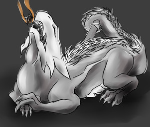 anthro duo erection feral genitals hanging_by_arms male male/male neck_bulge penis slipping vore uysu rain_world videocult lost(uysu) deer lizard_(rain_world) mammal new_world_deer reindeer white_lizard_(rain_world) hi_res