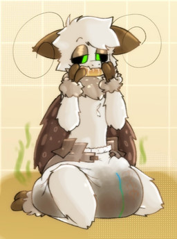 anthro clothed clothing diaper diaper_squish feces female foopybugg half-closed_eyes male narrowed_eyes relieved smelly soiling solo squish wearing_diaper wings arthropod insect lepidopteran moth hi_res