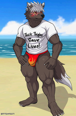 anthro asian_clothing barefoot blush bulge claws clothing detailed_bulge dipstick_ears dipstick_tail ear_markings east_asian_clothing feet fundoshi fur grey_body grey_fur hair japanese_clothing male markings mouth_closed multicolored_ears muscular muscular_male red_clothing red_eyes red_fundoshi red_underwear shirt solo tail tail_markings text text_on_clothing thick_calves thick_thighs topwear underwear white_clothing white_hair white_shirt white_topwear yellow_sclera fftempest lifewonders tokyo_afterschool_summoners tadatomo_(tas) canid mammal absurd_res english_text full-length_portrait hi_res portrait