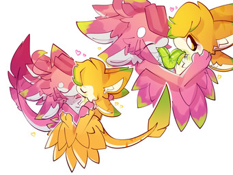 4_ears ambiguous/ambiguous ambiguous_gender anthro anthro_on_anthro big_tail bodily_fluids duo extreme_french_kiss eyes_closed fangs french_kissing green_tongue heart_symbol inner_ear_fluff kissing long_tongue multi_ear neck_bulge saliva simple_background smile tail teeth tongue tuft wings foxsicle avali 4:3 hi_res
