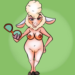 anthro breasts eyewear female fingers genitals glasses glasses_off half-closed_eyes hand_on_hip hooved_fingers hooves looking_at_viewer narrowed_eyes navel nipples nude solo toothy_grin toothy_smile vulva joesanchez r4c00n disney zootopia dawn_bellwether bovid caprine mammal sheep 2025 absurd_res hi_res