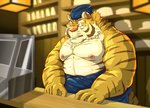 anthro belly clothing detailed_background hat headgear headwear humanoid_hands inside kemono male moobs nipples overweight overweight_anthro overweight_male solo raichoclub felid mammal pantherine tiger 2020