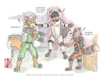 anthro group male male/male meme_pose spacesuit trio fennec_(artist) guardians_of_the_galaxy marvel nintendo star_fox akela_vincent fox_mccloud rocket_raccoon canid canine canis fox mammal procyonid raccoon wolf meme painting_(artwork) traditional_media_(artwork) watercolor_(artwork)