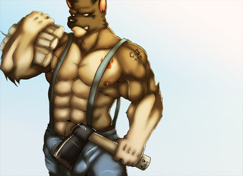 abs anthro axe biceps big_muscles biped brown_eyes bulge clothed clothing erection fangs genitals log looking_at_viewer male melee_weapon muscular muscular_anthro muscular_male pecs penis solo standing tattoo teeth weapon wood komboochie akita canid canine canis domestic_dog mammal spitz