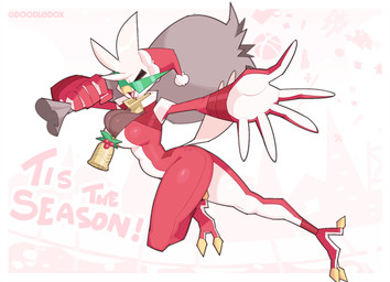 anthro beak bell big_breasts breasts brown_body brown_feathers christmas_clothing christmas_headwear cleavage clothed clothing eyewear feather_hands feathers feet female footwear furgonomic_footwear furgonomics green_eyewear green_sunglasses hair hat headgear headwear holidays holly_(plant) jumpsuit markings mole_(marking) mole_on_cheek neckwear non-mammal_breasts plant red_jumpsuit santa's_sack santa_hat solo sunglasses tail tail_feathers talons text toes toy triangle_shades white_body white_feathers white_hair doodledox christmas carol_(doodledox) accipitrid accipitriform avian bald_eagle bird eagle sea_eagle 2023 hi_res