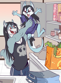 age_difference anthro biped black_bottomwear black_clothing black_hair black_nose black_pants black_shirt black_topwear bottomwear cheek_tuft claws clothed clothing countershade_face countershade_tail countershade_torso countershading duo eyebrows facial_tuft fangs female grey_body groceries grocery_bag hair happy holding_another inside kitchen larger_male long_hair looking_at_another looking_back looking_back_at_another male multicolored_body older_male open_mouth open_smile pants pawpads red_eyes shirt size_difference smaller_female smile standing tail tank_top teeth toe_claws tongue topwear tuft two_tone_body white_body white_countershading young young_anthro young_female younger_female fuf kahnso_(ceeb) canid canine canis hybrid kangaroo macropod mammal marsupial wolf 2019 hi_res daughter_(lore) father_(lore) father_and_child_(lore) father_and_daughter_(lore) parent_(lore) parent_and_child_(lore) parent_and_daughter_(lore)