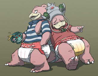2_toes alcohol anthro beer beverage bodily_fluids claws clean_diaper clothed clothing diaper drunk duo feet frat_boy genital_fluids male pattern_clothing pattern_shirt pattern_topwear pink_body red_clothing shirt simple_background smile striped_clothing striped_shirt striped_topwear stripes substance_intoxication toe_claws toes topwear unclean_diaper urine used_diaper wearing_diaper wet_diaper crackajackin nintendo pokemon generation_1_pokemon generation_2_pokemon mammal pokemon_(species) slowbro slowking digital_media_(artwork)