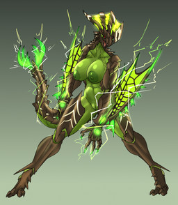 anthro areola biped black_body black_sclera breasts claws electricity electricity_manipulation elemental_manipulation female finger_claws genitals green_areola green_body green_breasts green_nipples green_vulva head_crest membrane_(anatomy) membranous_wings multicolored_body nipples nude nude_anthro nude_female open_mouth open_smile pincer_tail pincers red_eyes smile toe_claws vulva wide_stance winged_arms wings chorsinnell39 capcom monster_hunter astalos flying_wyvern 2026 digital_media_(artwork) full-length_portrait hi_res portrait