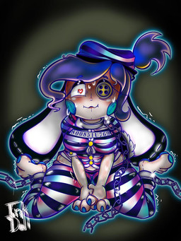 bedroom_eyes big_ears blush bodily_fluids bound breasts button_(fastener) button_eyes chain chained chained_cuffs chained_leash cheek_spots cleavage clothed clothing collar colored_nails doll female glowing hair hat headgear headwear heart_eyes heart_symbol kneeling long_hair looking_at_viewer nails narrowed_eyes neon nervous nervous_smile number number_on_clothing number_print paws ponytail prison_uniform prisoner scared seam_(sewing) seductive shaking slightly_chubby smile sweat thick_thighs tight_clothing wide_hips inkdoll animate_inanimate lagomorph leporid living_doll mammal rabbit