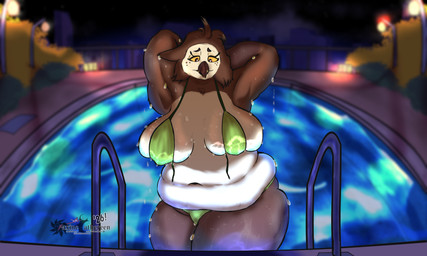 anthro belly belly_overhang big_belly big_breasts bikini breasts cartoon_freckles clothing deep_navel eyelashes female freckled_face freckles hands_behind_head huge_breasts long_eyelashes navel night non-mammal_breasts non-mammal_navel overweight overweight_anthro overweight_female solo swimming_pool swimwear thick_thighs two-piece_swimsuit wide_hips faxinecathereen marlene_(crumbleferret) avian bird owl 5:3 absurd_res hi_res