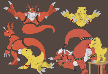 2_toes 3_toes anal anal_fisting anal_penetration anus backsack balls biceps butt butt_sniffing claws confusion digital_hazard duo erection exclamation_point fangs feet fisting flaccid foreskin genitals green_eyes hair horn humanoid_genitalia humanoid_penis inverted_zero_unit larger_sub looking_back lying male male/male male_penetrated male_penetrating male_penetrating_male markings muscular musk nose_to_anus on_back open_mouth oral penetration penis presenting presenting_hindquarters question_mark red_body red_skin sex simple_background size_difference sniffing spread_legs spreading submissive symbol tail tailbutt teeth toes yellow_body yellow_eyes yellow_skin zero_unit narse bandai_namco digimon agumon digimon_(species) dinosaur growlmon guilmon prehistoric_species reptile saurischian scalie theropod 2013 hi_res