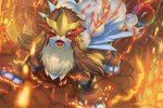 ambiguous_gender brown_body brown_fur detailed_background feathers feral fire fur open_mouth paws red_eyes rock solo teeth tongue supearibu nintendo pokemon entei generation_2_pokemon legendary_pokemon pokemon_(species) 2020 3:2 hi_res