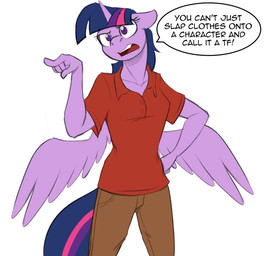 anthro bottomwear clothing dialogue feathered_wings feathers female gesture hand_gesture horn implied_transformation open_mouth pants pointing purple_body purple_eyes red_clothing red_shirt red_topwear shirt simple_background solo text topwear white_background wings tf-sential friendship_is_magic hasbro my_little_pony mythology twilight_sparkle_(mlp) equid equine mammal mythological_creature mythological_equine winged_unicorn english_text