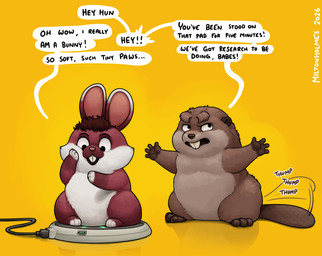 after_transformation ambiguous_gender annoyed beaver_tail brown_body brown_fur buckteeth duo feral fur hair male open_mouth paws red_body red_fur self_examination sound_effects speech_bubble tail tail_motion tail_slapping tapping technology teeth text transformation_through_technology white_body white_fur miltonholmes disney hoppers_(disney) pixar beaver lagomorph leporid mammal rabbit rodent english_text hi_res signature