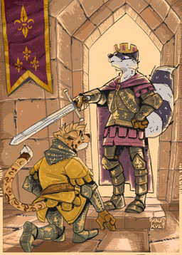 anthro armor armor_plates castle clothing crown duo eye_contact flag flag_on_wall gauntlets gloves handwear headgear holding_melee_weapon holding_object holding_sword holding_weapon king knight knight_armor knighting looking_at_another male male/male medieval medieval_architecture medieval_armor medieval_clothing medieval_fantasy melee_weapon royalty sword tail warrior weapon wearing_crown mawkvlt hi_res
