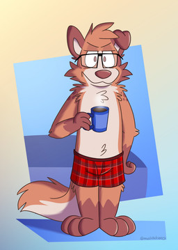 anthro beverage blue_background boxers_(clothing) clothing coffee coffee_mug eyewear glasses grin male simple_background smile standing underwear mushketeery august_(autumndork) border_collie canid canine canis collie domestic_dog herding_dog hybrid mammal pastoral_dog procyonid raccoon sheepdog hi_res