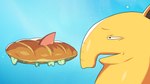 black_eyes blue_background food narrowed_eyes open_mouth sandwich_(food) side_view simple_background solo yellow_body yellow_ears yellow_nose drunk_oak nintendo pokemon drowzee generation_1_pokemon pokemon_(species) 16:9 2022 hi_res widescreen