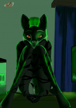 anthro clothing computer electronics female furniture genitals inside light looking_at_viewer nude red_eyes smile solo stripes table underwear vulva blackreaper_bk201 microsoft the_elder_scrolls schnurrt_beim_knuddeln felid khajiit mammal hi_res