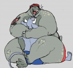 anthro blush clothed clothing duo female furry/scalie grey_background hug male overweight simple_background tattoo thick_thighs topless ritts illian_(komodo_dragon)_(ritts) bovid bovine komodo_dragon lizard mammal monitor_lizard reptile scalie true_buffalo water_buffalo