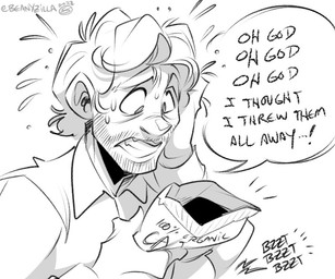 bag clothed clothing dialogue facial_hair hair human_only male not_furry solo speech_bubble zillabean hannibal_(series) will_graham human mammal 6:5 digital_media_(artwork) monochrome