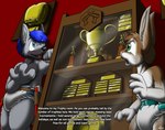 admiring anthro award canid canine canis catmonkshiro clean_diaper clothed clothing dialogue diaper duo english_text exposed_diaper lagomorph leporid male mammal pantsless rabbit text topless trophies trophy wolf