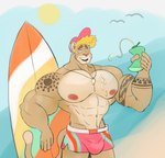 5_fingers abs anthro arm_tattoo beach big_bulge big_muscles big_pecs blonde_hair blue_eyes blue_sky brown_body brown_eyebrows brown_fur bulge clothed clothed_anthro clothed_male clothing cloud countershading day detailed_background ear_piercing eyebrows fingers fur hair holding_object jewelry male male_anthro multicolored_baseball_cap multicolored_briefs multicolored_hat muscular muscular_anthro muscular_male necklace nipples open_mouth open_smile outside pecs piercing pink_clothing pink_underwear red_clothing red_underwear sand sky smile solo sun sunscreen tan_body tan_countershading tan_fur tattoo teal_clothing teal_underwear teeth underwear water melaisen ambient_bird felid feline mammal 2021 absurd_res digital_drawing_(artwork) digital_media_(artwork) hi_res