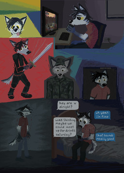 anthro bed camo camo_print chair clothing computer electronics fur furniture gaming grey_body grey_fur holding_melee_weapon holding_object holding_sword holding_weapon male melee_weapon military_uniform pattern_clothing pattern_shirt pattern_topwear plaid plaid_clothing plaid_shirt plaid_topwear red_clothing red_shirt red_topwear shirt smile solo sword text tongue tongue_out topwear uniform weapon demensa canid canine canis mammal wolf 2020 digital_media_(artwork) english_text hi_res pixel_(artwork)