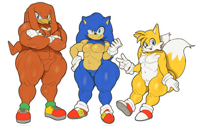 anthro big_butt big_muscles big_pecs butt crossed_arms fangs gesture group hand_gesture huge_butt looking_at_viewer male muscular muscular_male muscular_thighs null pecs size_difference teeth thick_thighs trio v_sign nattonsfw sega sonic_the_hedgehog_(series) knuckles_the_echidna miles_prower sonic_the_hedgehog canid canine echidna eulipotyphlan fox hedgehog mammal monotreme hi_res