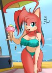 anthro beach big_breasts bikini breasts cleavage clothed clothing cooler curvy_figure dessert detailed_background dialogue eyelashes feet female fingers food fur hair highlights_(coloring) huge_breasts ice_cream long_hair looking_at_viewer markings mole_(marking) multicolored_body multicolored_fur multicolored_hair navel red_body red_fur red_hair sea seaside smile solo swimwear talking_to_viewer tan_body tan_fur teal_eyes teal_hair teal_highlights text thick_thighs toes tongue two-piece_swimsuit two_tone_body two_tone_fur umbrella voluptuous water wide_hips sandwich-anomaly no_man's_sky juno_(redwulfi) eulipotyphlan hedgehog mammal 2020 digital_media_(artwork) english_text hi_res