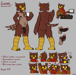 anthro backsack balls big_butt black_eyes bodily_fluids bottomwear brown_body brown_bottomwear brown_clothing brown_eyes brown_feathers brown_nipples brown_pants brown_penis butt chair clothed clothing coffee_cup container cup erection eyewear eyewear_on_head feathers feet foreskin front_view furniture genitals glans goggles goggles_on_head grey_background grey_balls grey_body grey_feathers half-closed_eyes hand_on_hip humanoid_genitalia humanoid_penis jacket looking_at_viewer male multiple_expressions multiple_poses narrowed_eyes nipples office_chair open_clothing open_jacket open_mouth open_topwear orange_clothing orange_jacket orange_topwear pants penis pink_clothing pink_glans pink_shirt pink_topwear pose pupils raised_arms raised_hand rear_view red_scarf scarf scuted_legs scutes shirt side_view simple_background sitting smile solo standing striped_feathers sweat sweatdrop tail tail_feathers talons text toes topwear yelling yellow_sclera felino cordell_(felino) robbie_(felino) avian bird owl 2025 absurd_res english_text hi_res model_sheet