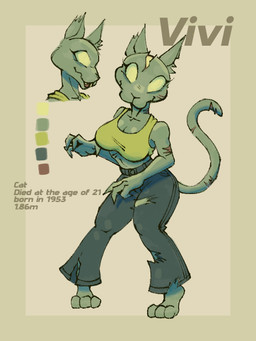 3_toes anthro barefoot bell-bottoms clothing crop_top empty_eyes feet female green_body head_wound paws scratches shirt solo toes topwear torn_clothing wounded sr_empanada vivi_(srempanada) domestic_cat felid feline felis mammal undead zombie 3:4 model_sheet