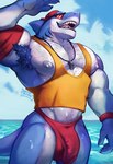 anthro armpit_hair body_hair bulge clothing detailed_bulge eyewear hat headgear headwear male muscular muscular_anthro muscular_male nipples outside shirt sunglasses tank_top teeth topwear darkoz_panda epic_games fortnite safety_first_steve_(fortnite) fish marine shark absurd_res digital_drawing_(artwork) digital_media_(artwork) hi_res