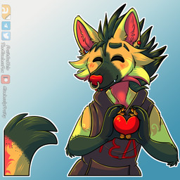 anthro brown_clothing brown_topwear closed_smile clothed clothing dipstick_tail ear_piercing ear_stud eyes_closed facial_piercing fangs front_view fur gauged_ear gesture gradient_background green_body green_fur green_hair hair heart_gesture holding_heart lip_piercing male markings mouth_closed multiple_piercings nose_piercing nose_ring orange_body orange_fur piercing red_body red_fur red_nose ring_piercing septum_piercing septum_ring simple_background smile snakebite_piercing solo tail tail_markings teeth text topwear yellow_body yellow_fur fruitbuffalo thecluelessfox red_(verne_nicolaio) canid canine mammal maned_wolf 1:1 artist_name