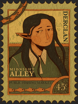 black_hair clothing eyelashes feral hair long_hair male not_furry shirt smile solo stubble text title toony topwear parsleysaauce drawfee_(copyright) drawtectives derclan_(drawtectives) ambient_fish ambient_sealife elf humanoid character_name digital_media_(artwork) hi_res