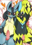 animal_genitalia animal_penis anthro bed blush canine_genitalia canine_penis duo furniture generation_4_pokemon generation_7_pokemon genitals heart_symbol hi_res high-angle_view knot legendary_pokemon looking_at_viewer lucario lying male nekonade nintendo on_back open_mouth penis pokemon pokemon_(species) tapering_penis zeraora