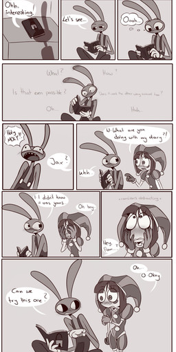 4_fingers anthro blush caught_off_guard dialogue diary ear_blush embarrassed eye_contact female fingers gesture hand_gesture hand_on_face looking_at_another male pointing reading scribble_eyes sharp_teeth shoulder_blush sitting sitting_on_ground suggestive teeth text thought_bubble screaming_alice glitch_productions the_amazing_digital_circus jax_(tadc) pomni_(tadc) humanoid lagomorph leporid mammal rabbit absurd_res comic english_text hi_res