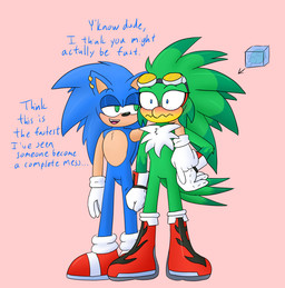 anthro beak blue_body blue_eyes blue_fur blush boots clothing dialogue duo ear_piercing ear_ring eyewear eyewear_on_head fangs feathers fluffy fluffy_chest flustered footwear fur gloves goggles goggles_on_head green_body green_eyes green_feathers hand_over_shoulder handwear male piercing ring_piercing shaking shoes smile smirk tan_body tan_fur teeth text wide_eyed yellow_beak cookie-pone sega sonic_riders sonic_the_hedgehog_(series) jet_the_hawk sonic_the_hedgehog accipitrid accipitriform avian bird english_text hi_res