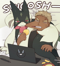 annoyed anthro bite biting_another bodily_fluids carrying_another chips_(food) clenched_teeth computer cross-popping_vein duo electronics female female_anthro flower_(anatomy) food fur green_body green_fur green_tail laptop male male_human mask on_another's_shoulders on_shoulders pencil_(object) pink_eyes pink_nose potato_chips stretching_cheeks sweat sweatdrop tail teeth text svkhaiminh nintendo pokemon generation_9_pokemon human mammal meowscarada pokemon_(species) 2025 english_text hi_res