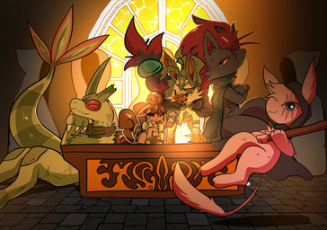 3_fingers 3_toes all_fours ambiguous_gender anthro audience black_body black_fur blue_eyes brown_body brown_fur claws clothing detailed_background eyes_closed fangs feet female feral fingers fur grabbing_someone green_body green_eyes grin group hood looking_at_viewer lying male on_back open_mouth paws pink_body pink_fur red_eyes robe scarf sitting smile smug sunset tan_body tan_fur teeth toes tongue xsolar_soulx nintendo pokemon healer_(straviios) zark_(flygon) eeveelution flygon generation_1_pokemon generation_3_pokemon generation_4_pokemon generation_5_pokemon leafeon legendary_pokemon mew_(pokemon) pokemon_(species) vulpix zoroark 2025 absurd_res hi_res