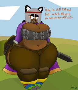 anthro armor belly big_belly big_breasts bouncing_breasts breasts cape chainmail cleavage clothed clothing dialogue female gloves grass handwear huge_breasts knight lips melee_weapon overweight overweight_female plant shield shrub smile smiling_at_viewer solo sword talking_to_viewer text thick_lips thick_thighs tight_clothing warrior weapon wide_hips m4n runescape tsukihime type-moon neco-arc felid feline mammal absurd_res english_text hi_res