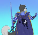 anthro armor clothed clothing fur hair holding_object holding_weapon looking_at_viewer male melee_weapon simple_background solo sword tail warmonger warrior weapon ltzodd for_honor_(game) hasbro my_little_pony canid canine canis domestic_dog husky mammal nordic_sled_dog spitz colored digital_media_(artwork) hi_res