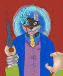 abstract_background anthro black_body black_fur blood blood_from_mouth blood_in_mouth blood_on_face blue_eyes bodily_fluids brown_body brown_fur clothing coat crazed_look duo fangs first_person_view fur gore gun hand_on_arm hand_on_wrist healing holding_gun holding_object holding_ranged_weapon holding_weapon injuries jewelry looking_at_viewer magic magic_user male multicolored_body multicolored_fur necklace necktie notched_ear ranged_weapon shirt smile teeth topwear vest weapon white_body white_fur wounded wispypie mythology canid canine human mammal mythological_canine mythological_creature werecanid werecanine werecreature werewolf 5:6 digital_drawing_(artwork) digital_media_(artwork) hi_res