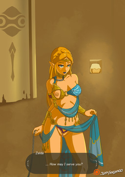 belly_dancer blonde_hair blue_eyes breasts clothed clothing collar dialogue female genitals hair humanoid_pointy_ears jewelry long_hair nipples not_furry partially_clothed pointy_ears slave solo submissive submissive_female text vulva slamfandango breath_of_the_wild nintendo the_legend_of_zelda princess_zelda humanoid hylian mammal english_text hi_res