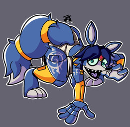 blue_hair clothing female grey_background hair machine metallic_body simple_background solo dylan_ac five_nights_at_frickbear's_(series) nintendo star_fox krystal_(star_fox) animatronic canid canine fox mammal robot robot_anthro